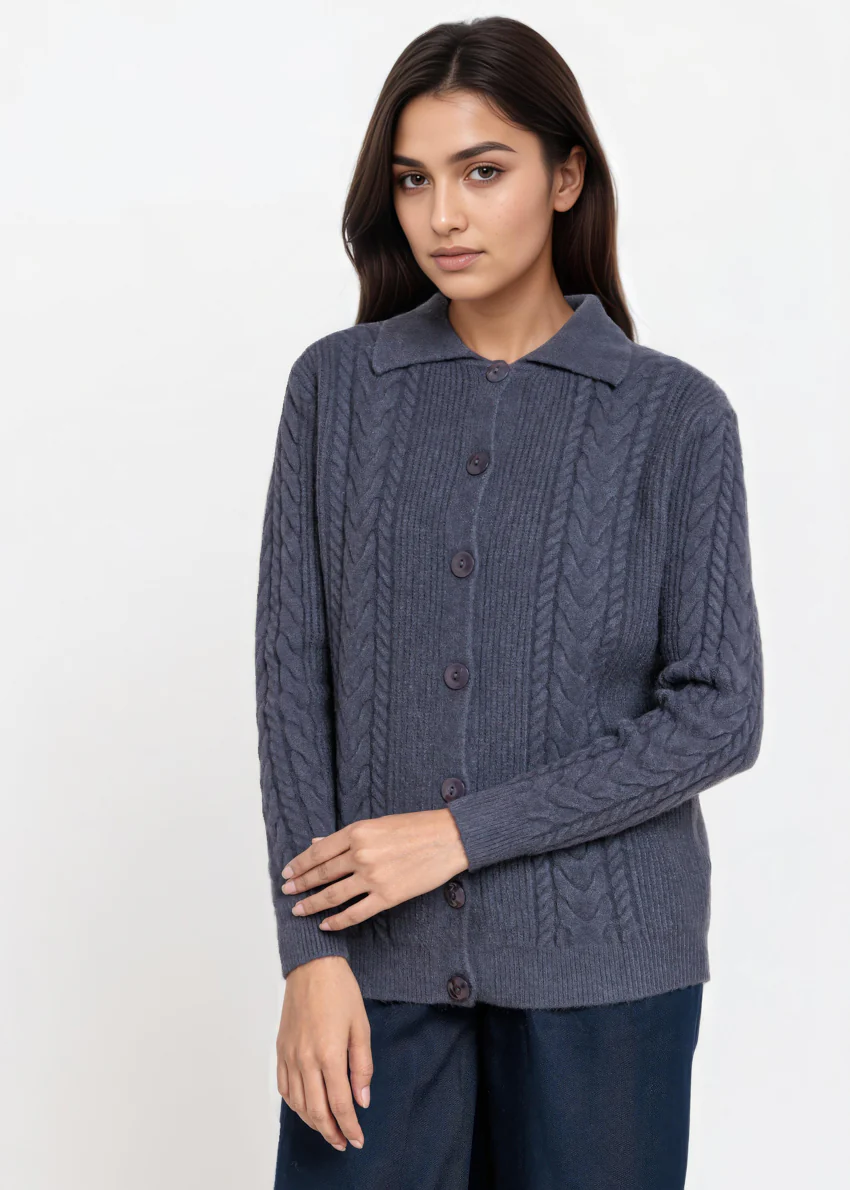 Charcoal-Wing Collar Cardigan Full Sleeves Sweater (25Y-059-67)