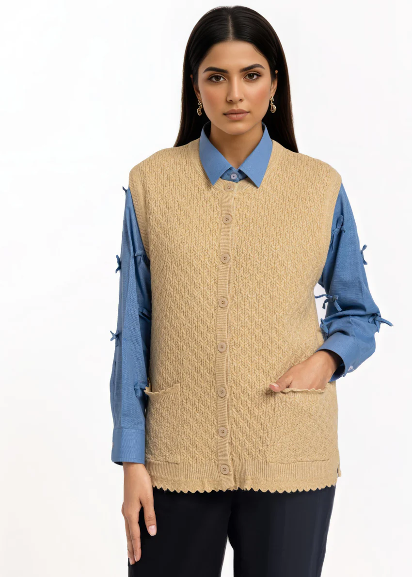 Beige-R-Neck Cardigan Sando Sweater (25Y-222-67)
