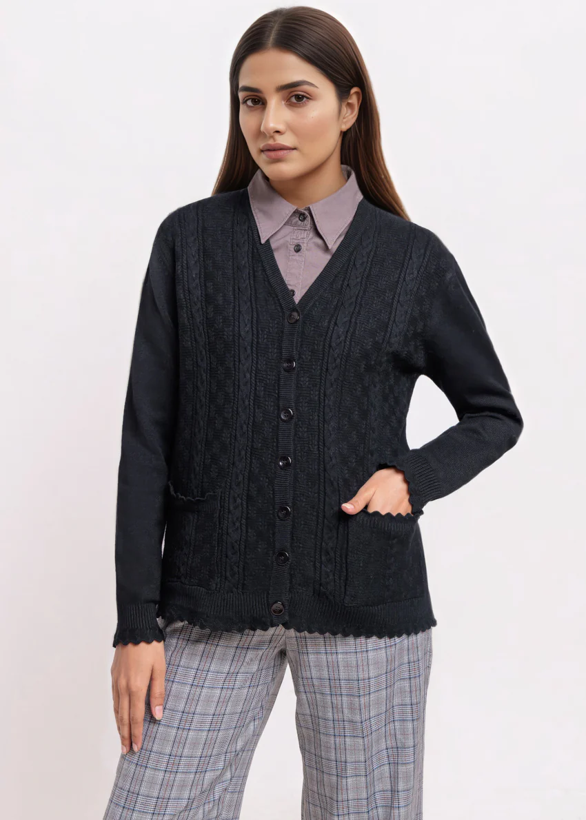 Black-V-Cardigan Full Sleeves Sweater (25Y-239-67)