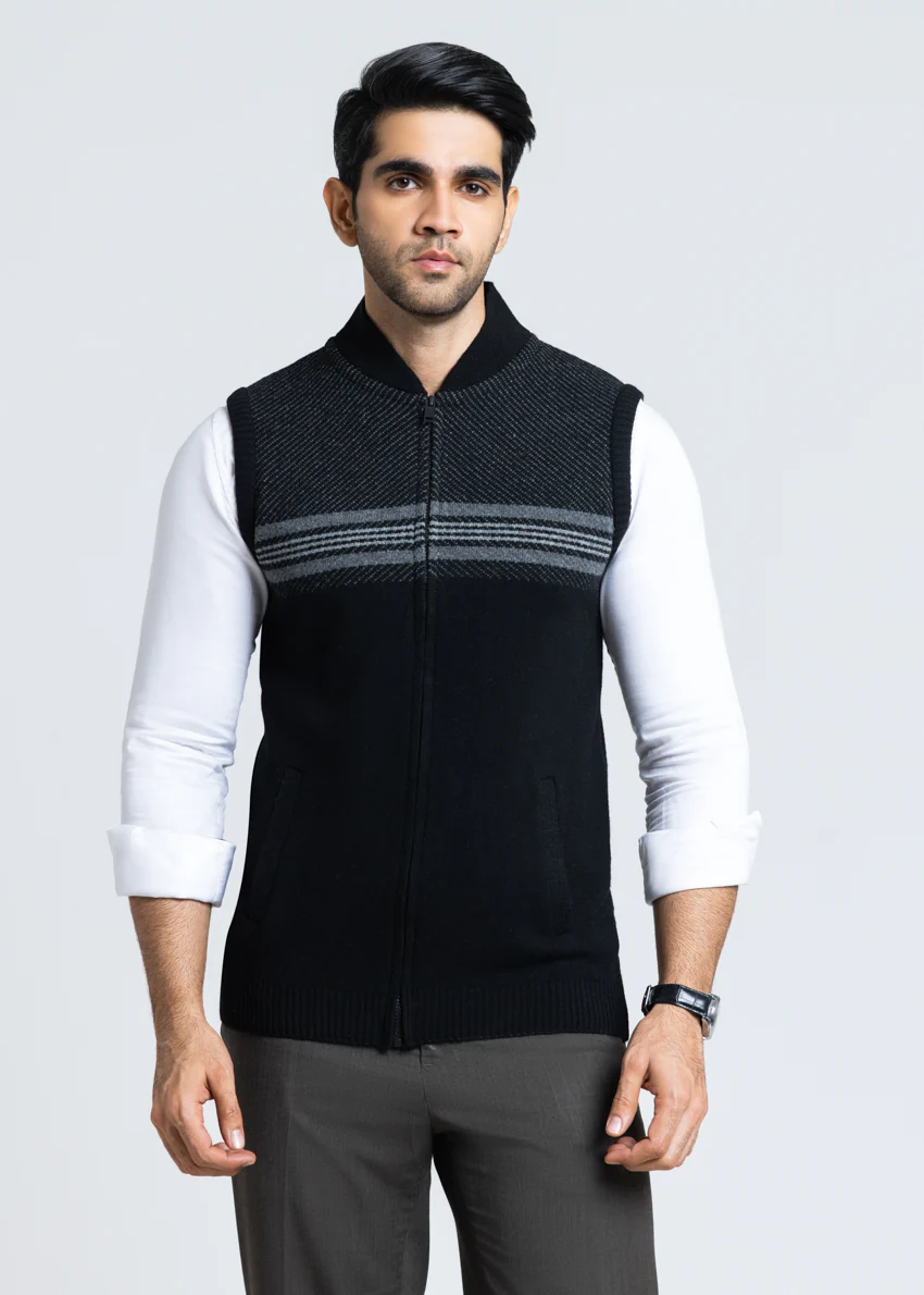 J-Black-Baseball Collar  Zipper Sando Sweater (790-14)